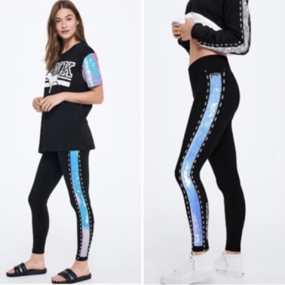 PINK Victoria's Secret Pants - PINK Victoria's Secret Black Leggings with Iridescent Blue Stripe